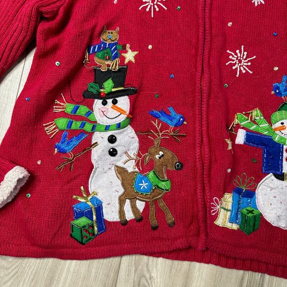 Vintage Christmas Snowman Zip Up Cardigan Sweater Red XL - Picture 4 of 6